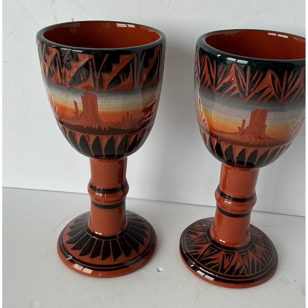 Yannie Nay Hand Painted Ceramic Desert‎ Mesa Goblets Set of 2 Terracotta Chalice